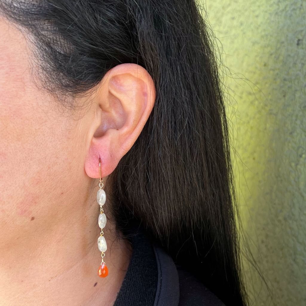 Gossamer Prehnite Beads With Carnelian Drops Long Earrings