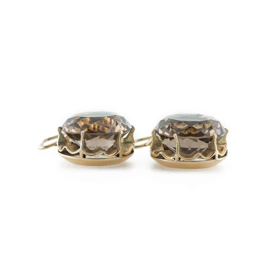Smokey Quartz Earrings Set in 9 Karat Yellow Gold