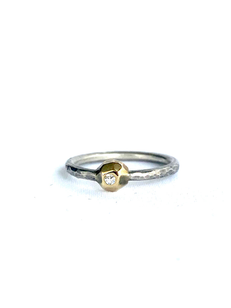 Diamond Ring W/ Geometric Gold Bezel and Silver Band