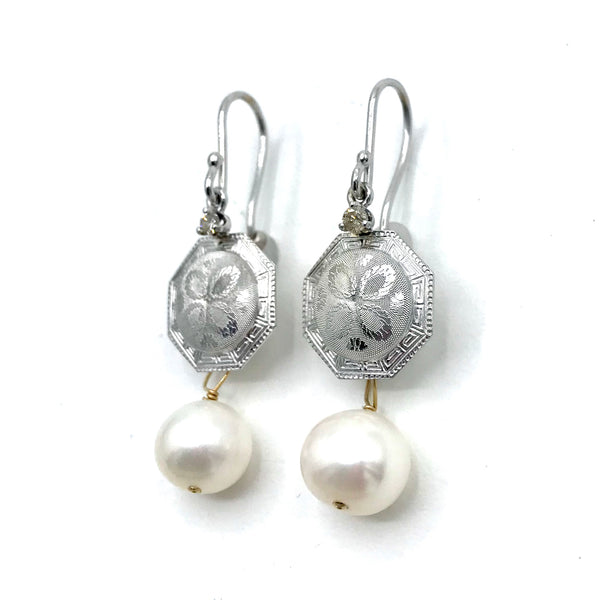 Engraved White Gold and Pearl Earrings w/ Diamonds