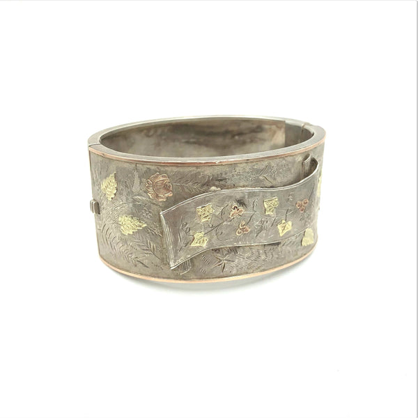 Antique  English Sterling Silver and Gold Cuff Bracelet