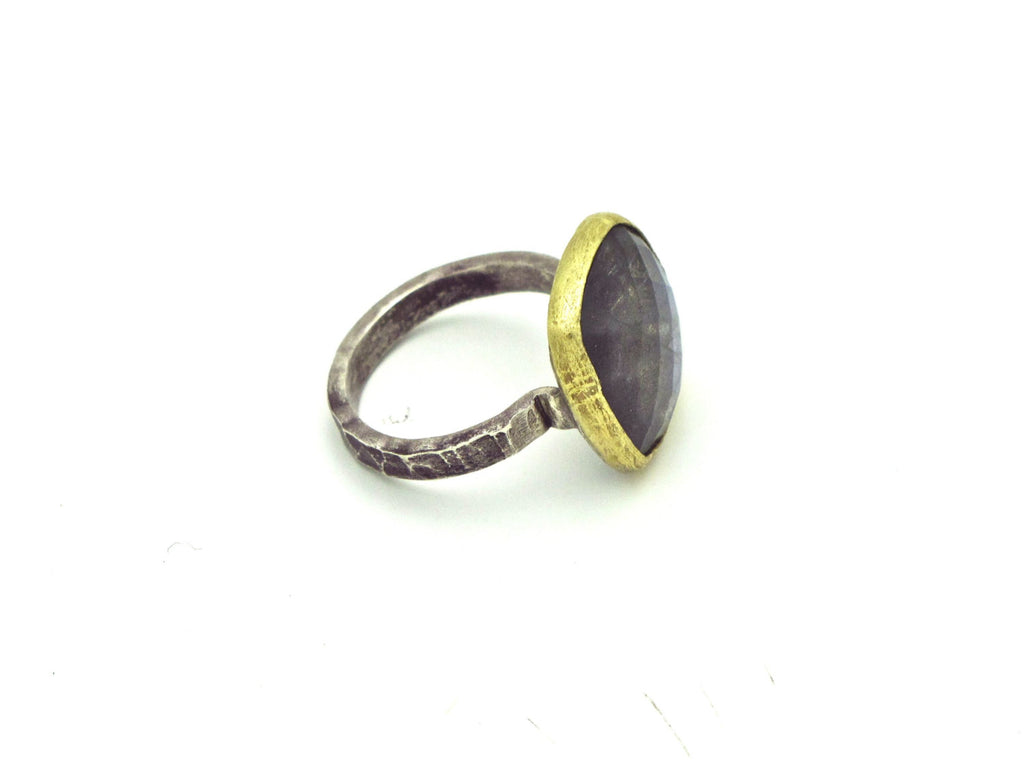 Labradorite Ring 14k Gold Bezel Sterling Band