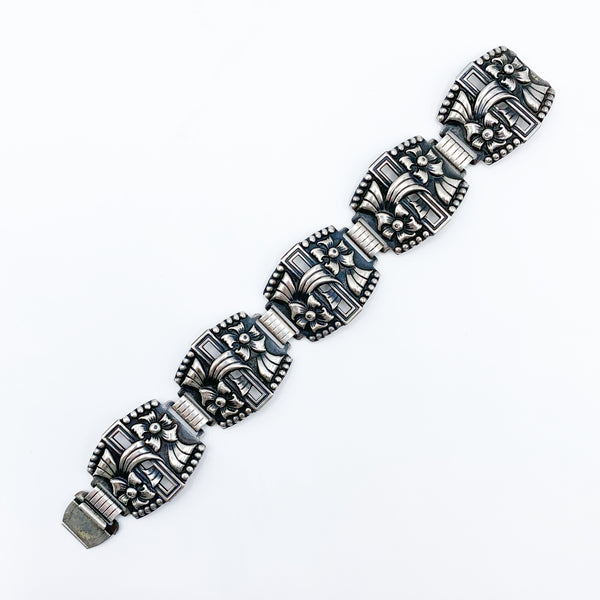 Vintage Sterling Silver Open Link Bracelet With Floral Motif