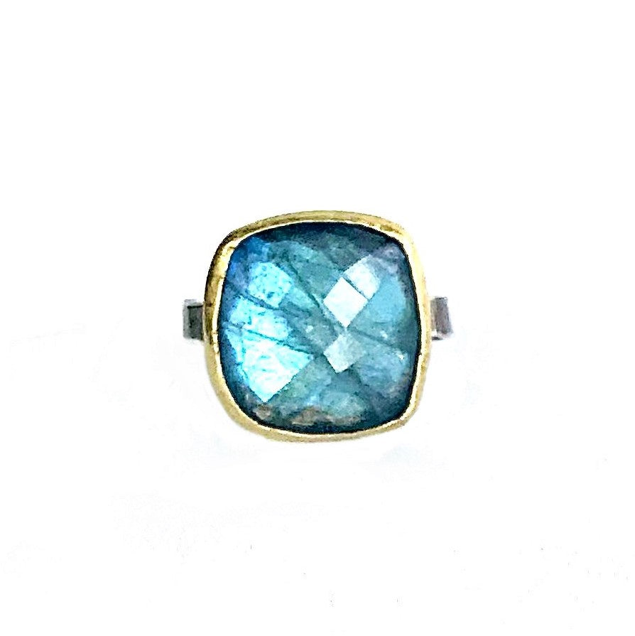 Large Faceted Cushion Labradorite Ring w/ 14k Gold Bezel & Oxidized Sterling Silver Band