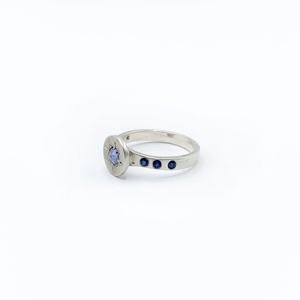 White Sterling Silver Satin Engraved Sapphire Ring