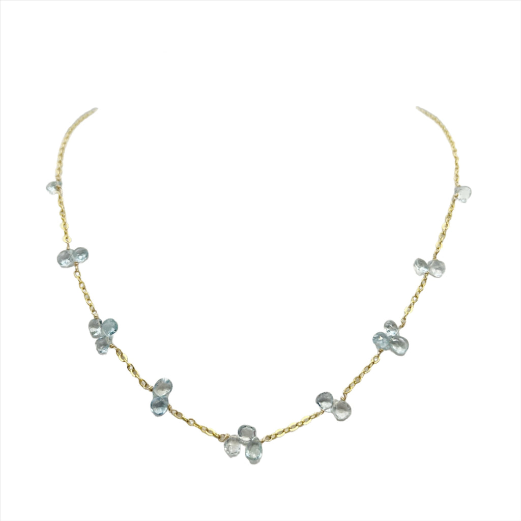 Aquamarine Briolette Beaded Necklace on a Golden Chain