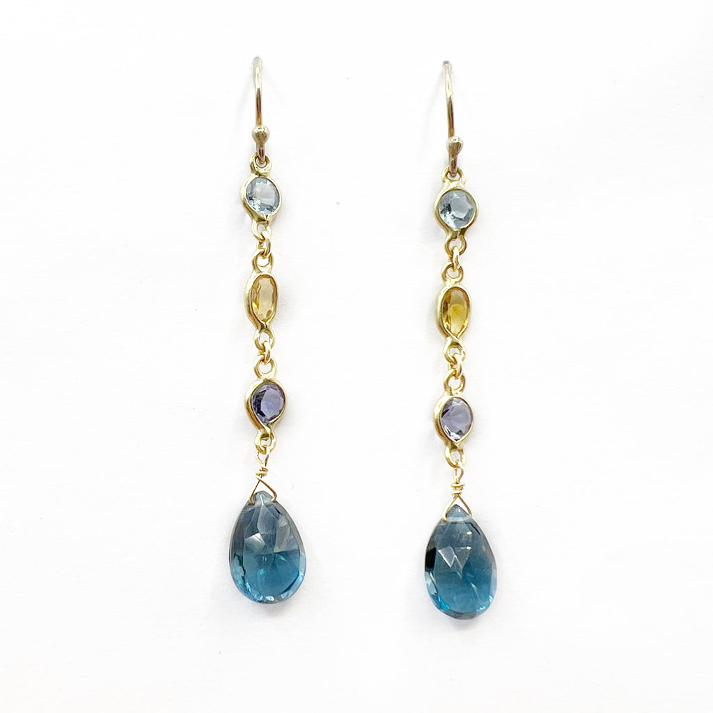 Cascading Blue Topaz, Tanzanite, and Citrines on Gold