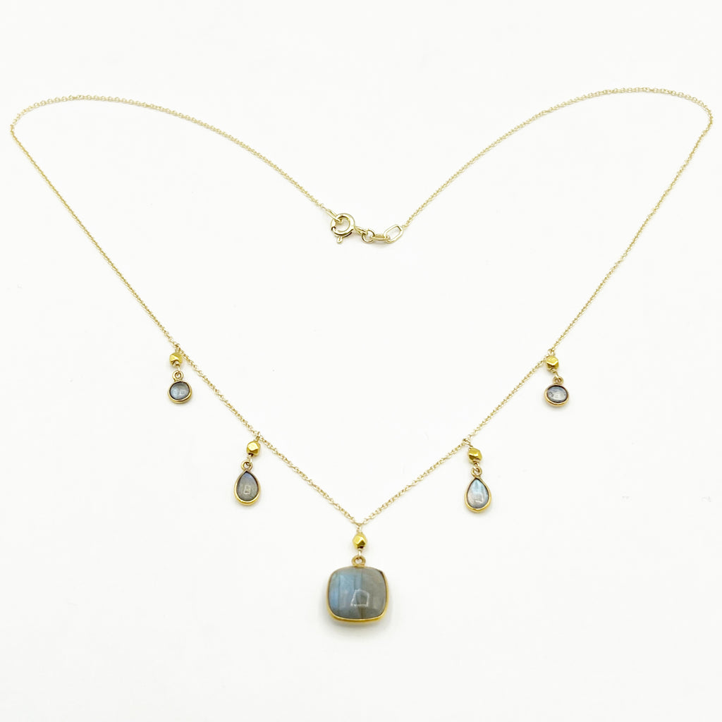 Delicate Greys and Blues Floating on a Golden Chain Necklace
