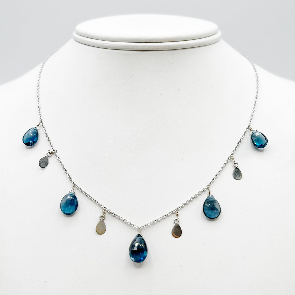 Blue Topaz and White Gold Tassels Chain Necklace