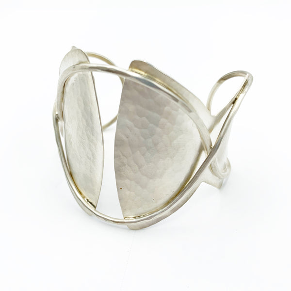 Sterling Silver Hammered Wide Cuff with Wire Detail