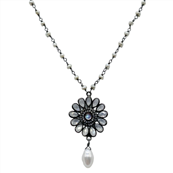 Black Sterling Silver Drop Pendant with Moonstones, Diamonds, and Pearls