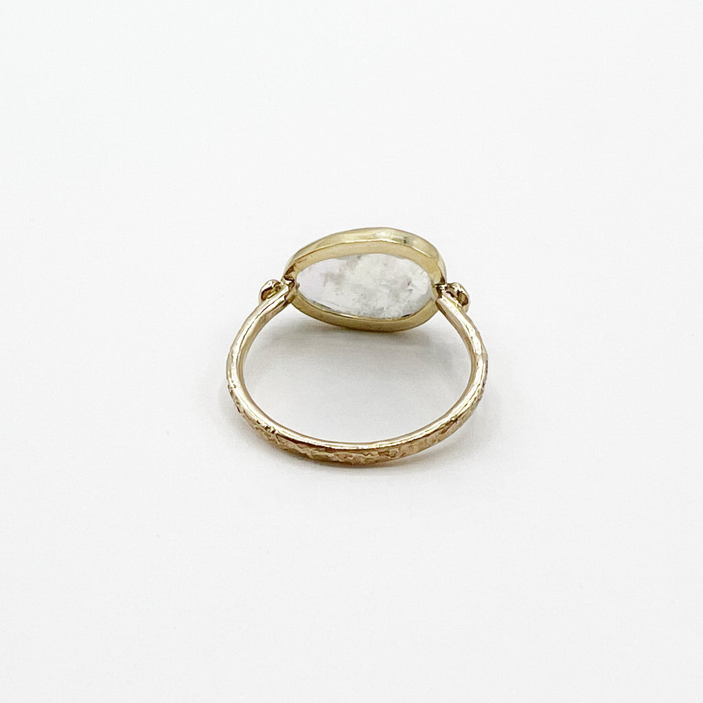 Pear Shaped Rose Cut Moonstone set in 14 Karat Yellow Gold with 18 Karat Yellow Gold Bezel Diamond Ring