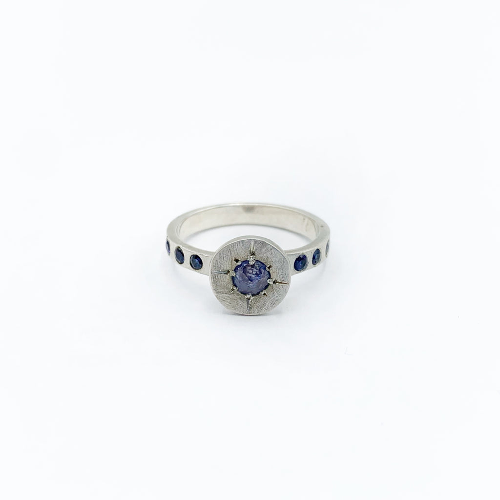 White Sterling Silver Satin Engraved Sapphire Ring