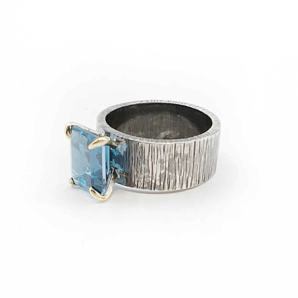 Blue Topaz Emerald Cut with Sterling Silver Band Ring