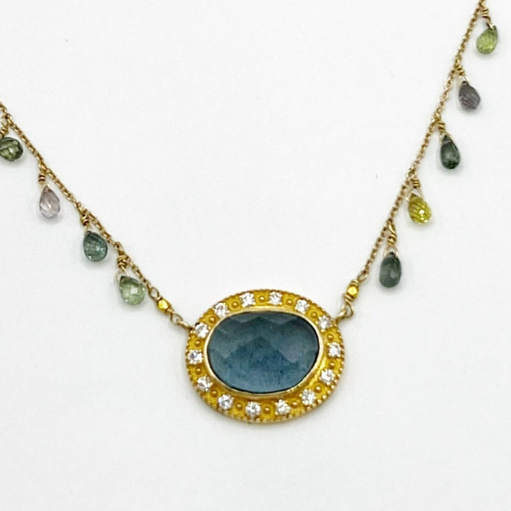 Golden Moss Aqua and Diamond Pendant Necklace