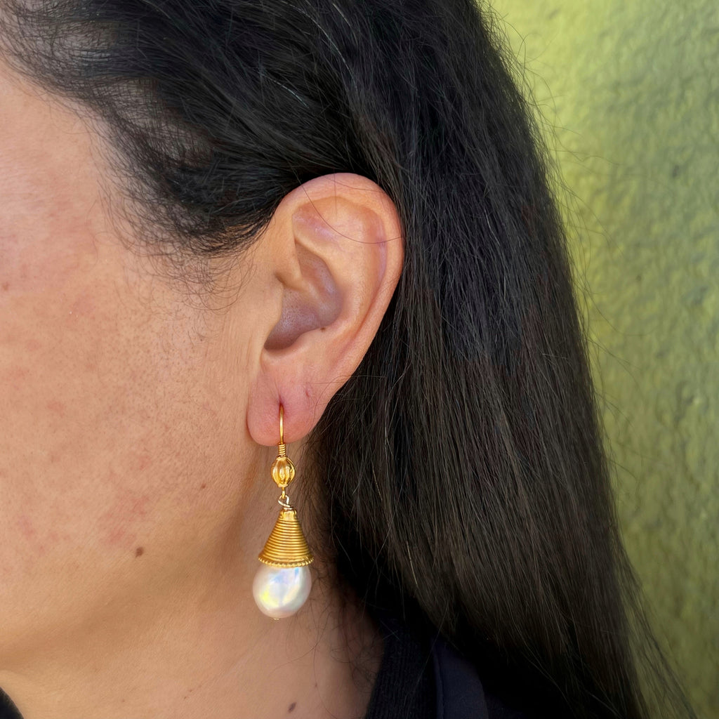 Pink Pearl Drops with Gold Vermeil Caps and Wire Earrings