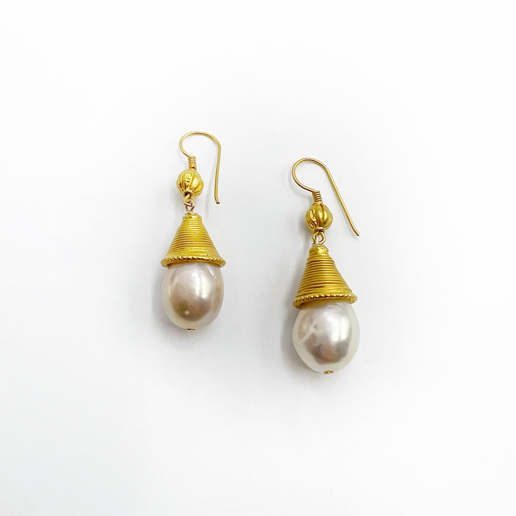 Pink Pearl Drops with Gold Vermeil Caps and Wire Earrings