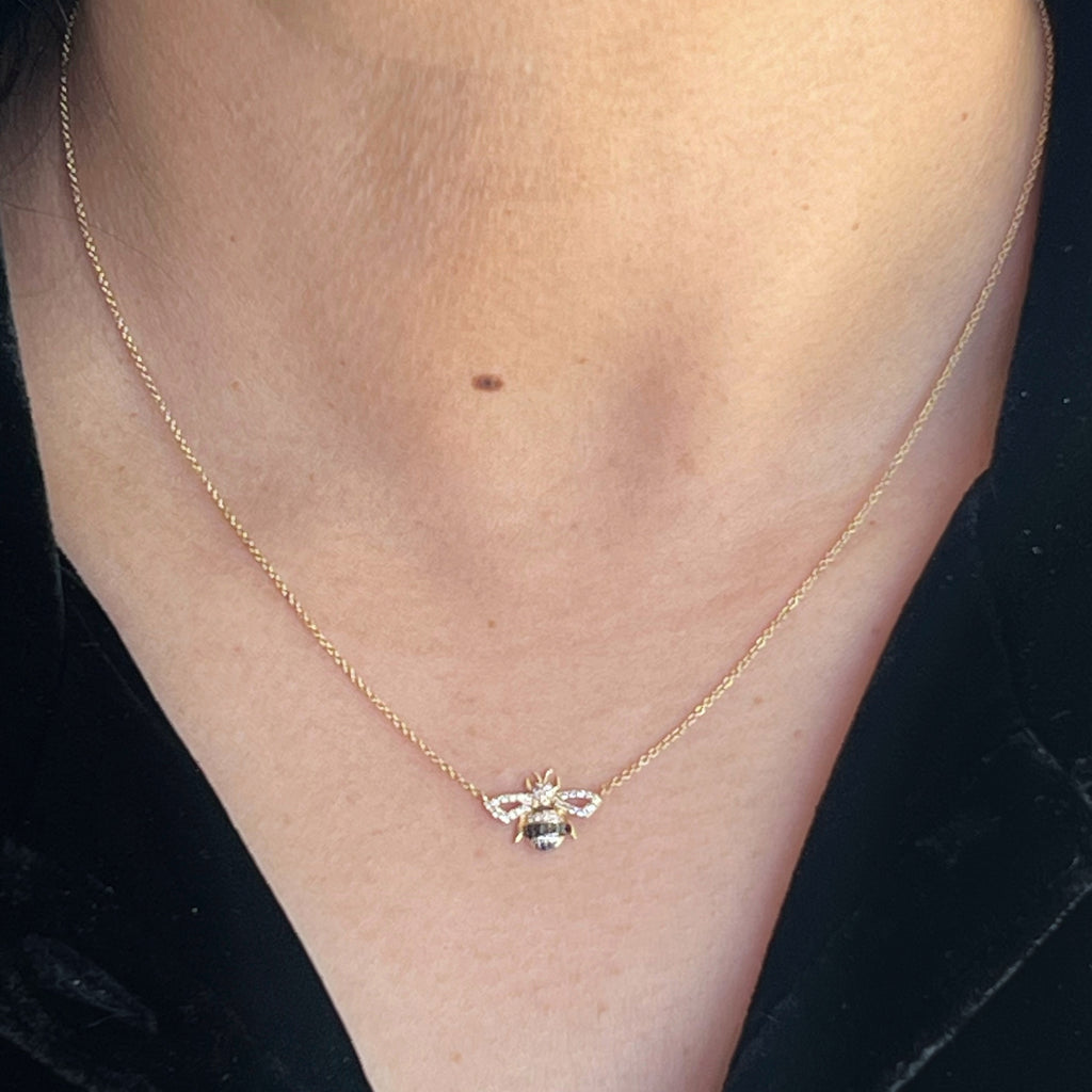 Gold Two Tone Diamond Bee Pendant Necklace