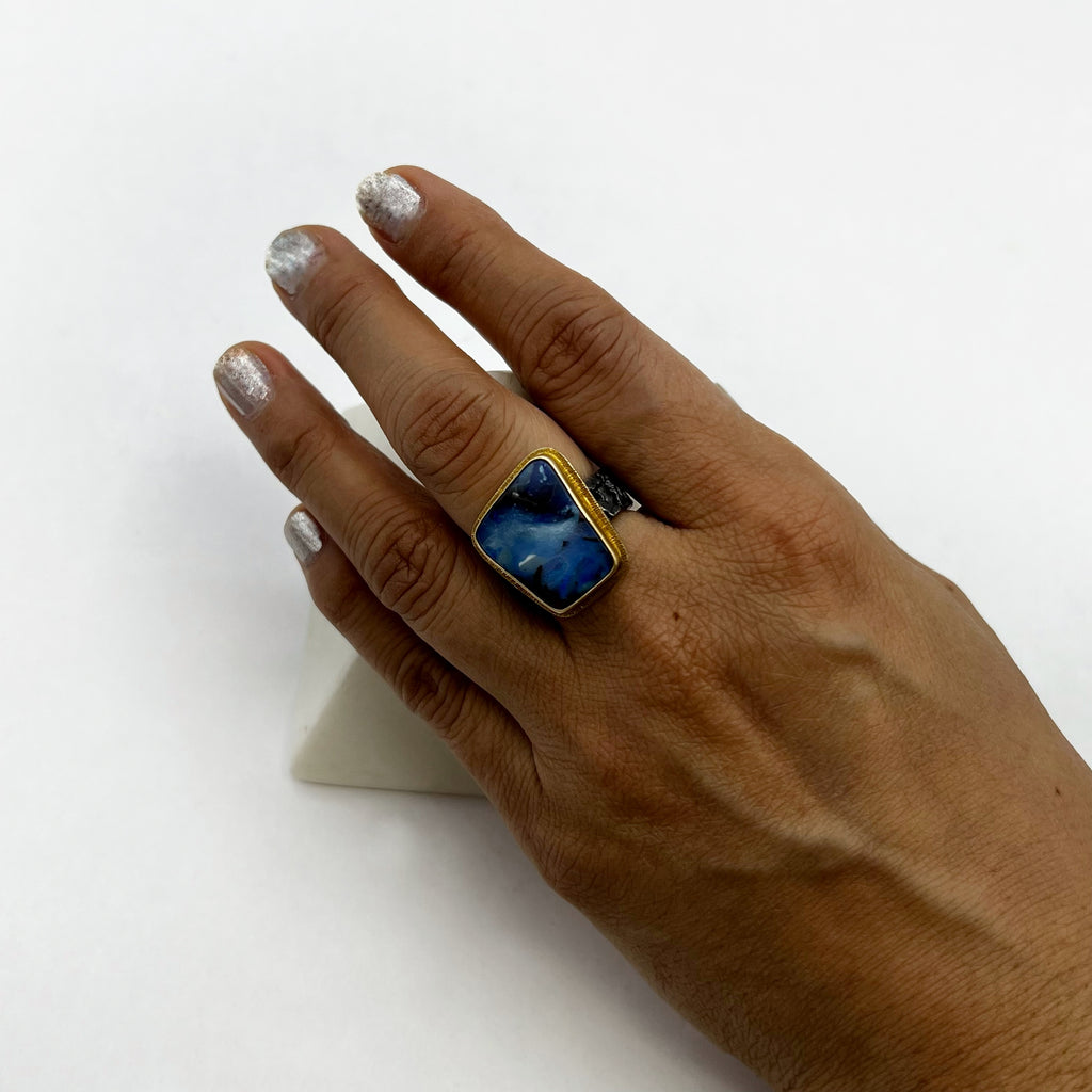 18 Karat Yellow Gold Opal with Textured Oxidized Sterling Silver Band