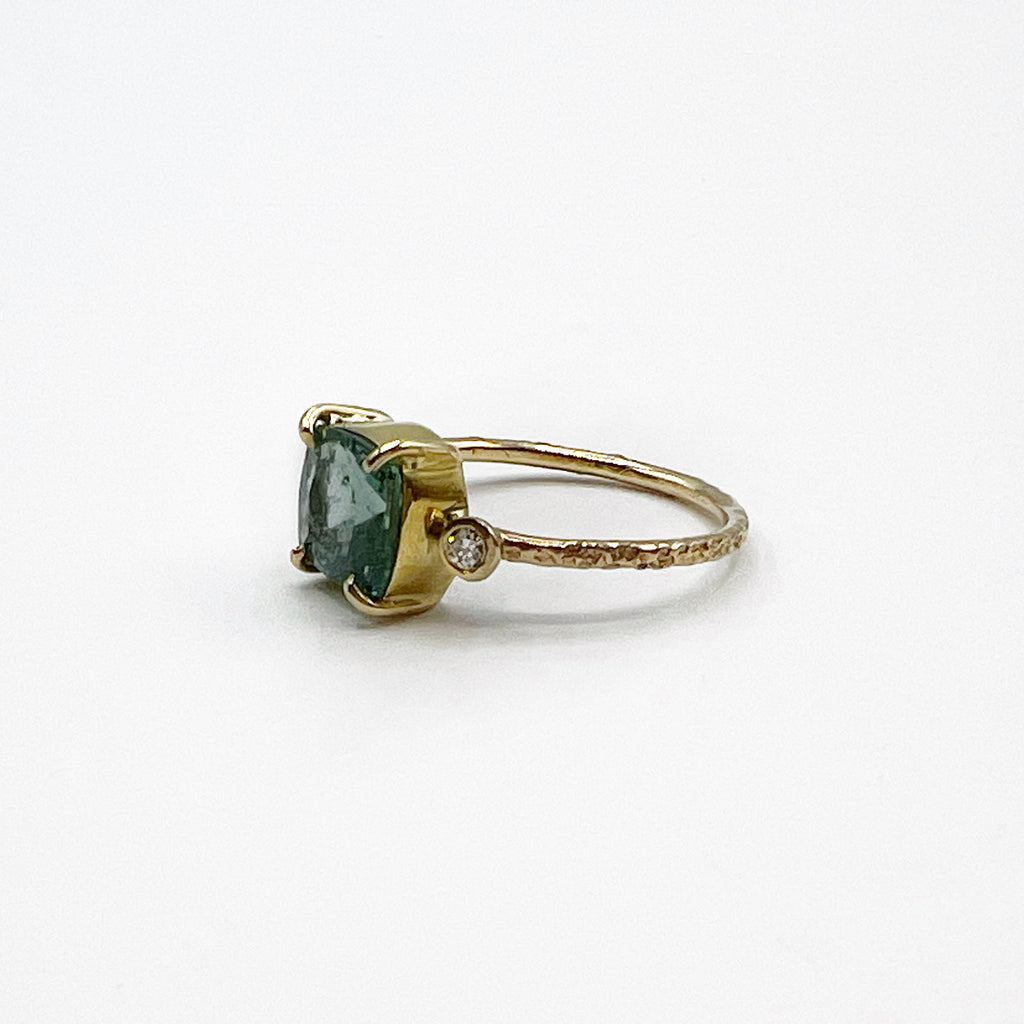 Cushion Cut Watery Emerald and Diamond Ring