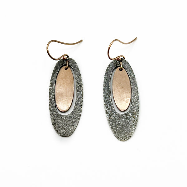 Elongated Oval Oxidized Sterling Silver and Copper Wire Earrings