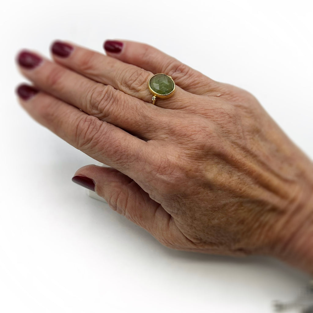 Rose Cut  Green Tourmaline and Diamond Ring