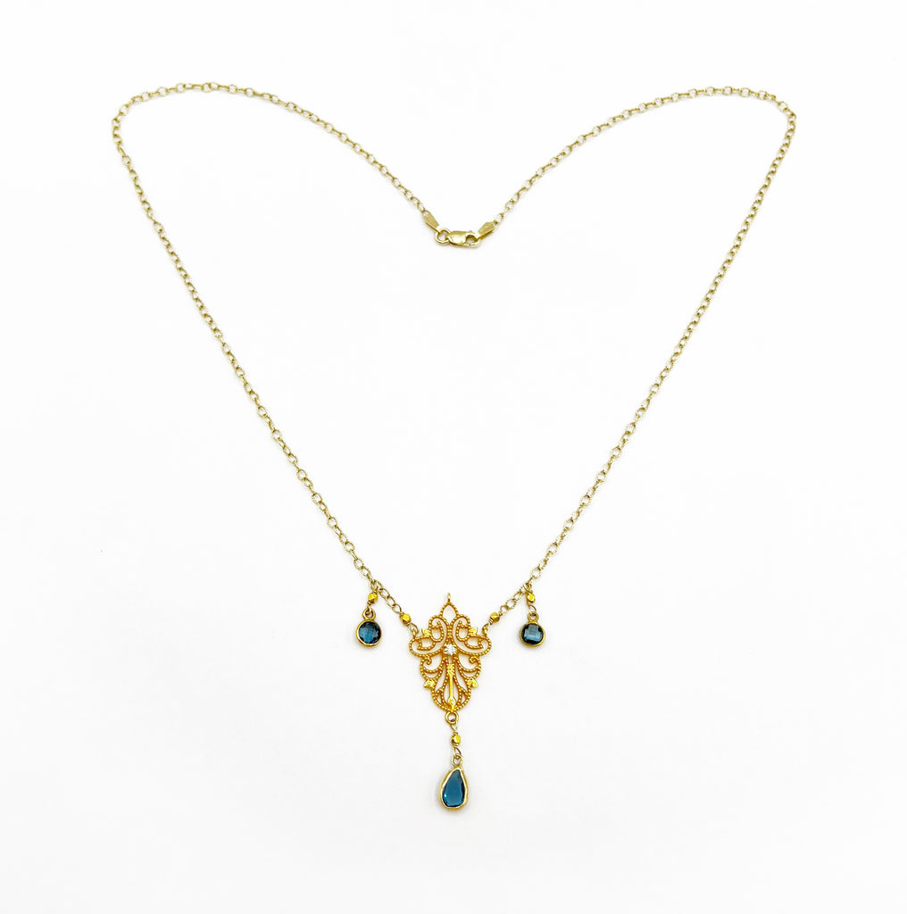14 and 18 Karat Yellow Gold Bezel Set Topaz and Diamond Necklace