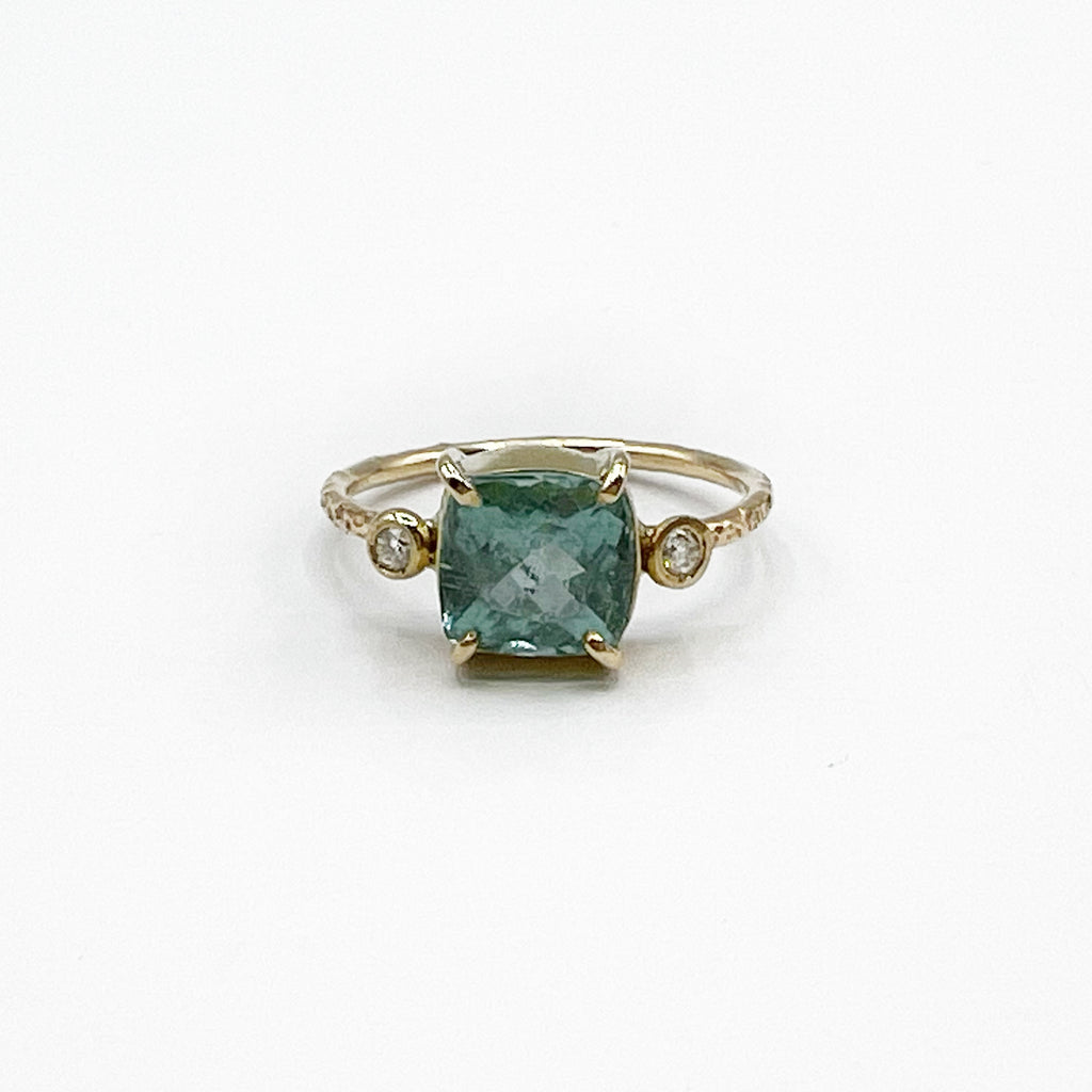 Cushion Cut Watery Emerald and Diamond Ring