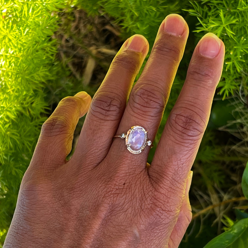Glowing Moonstone and Diamond Ring