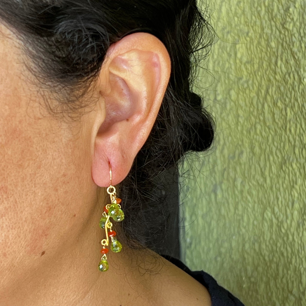 Beaded Branches of Peridot and Carnelian Drop Earrings
