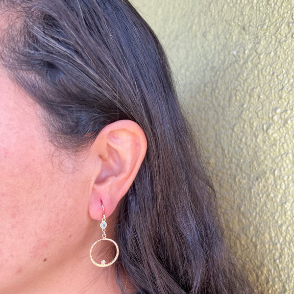 Hammered Gold Diamond and Aquamarine Round Earrings