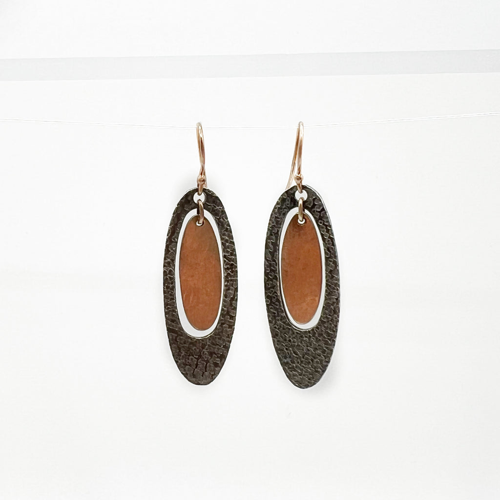 Elongated Oval Oxidized Sterling Silver and Copper Wire Earrings