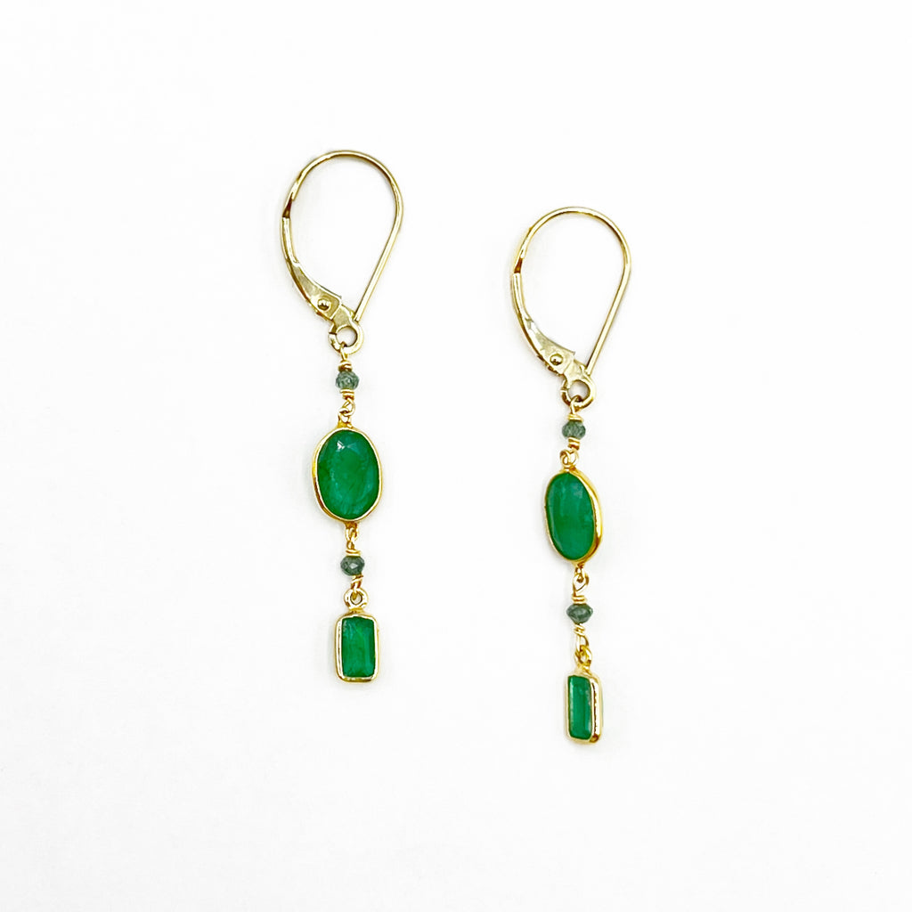 Emerald with Blue Diamond Drop Earrings