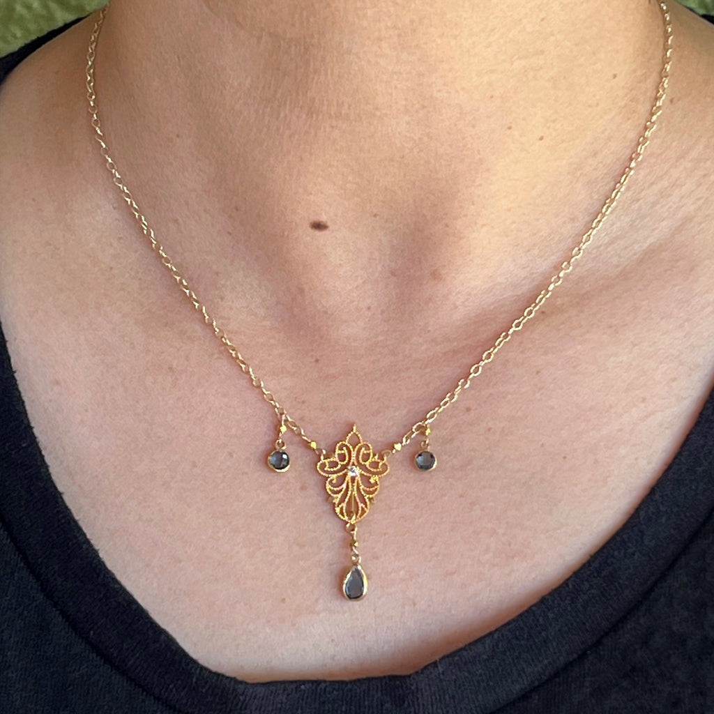 14 and 18 Karat Yellow Gold Bezel Set Topaz and Diamond Necklace