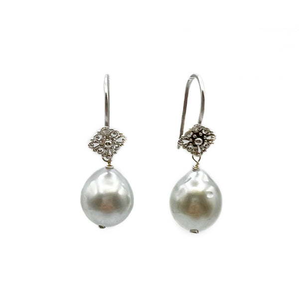 Light Grey South Sea Pearl on 18K White Gold Filigree Drop Earrings