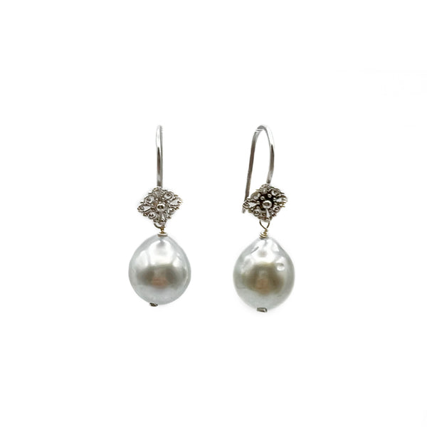 Light Grey South Sea Pearl on 18K White Gold Filigree Drop Earrings