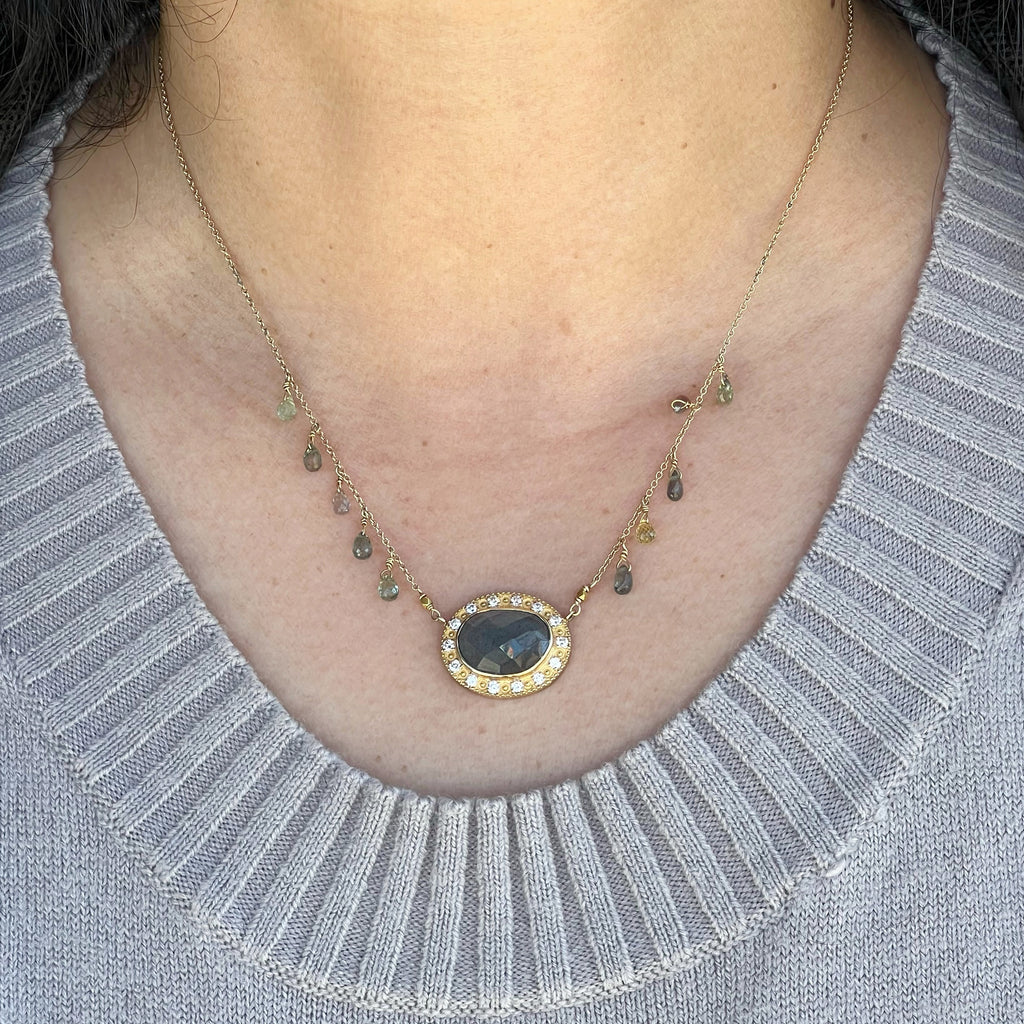 Golden Moss Aqua and Diamond Pendant Necklace