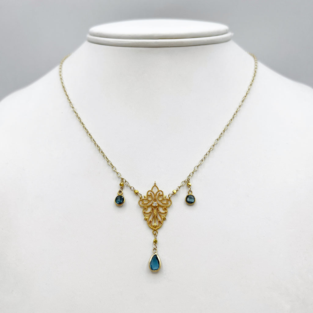 14 and 18 Karat Yellow Gold Bezel Set Topaz and Diamond Necklace