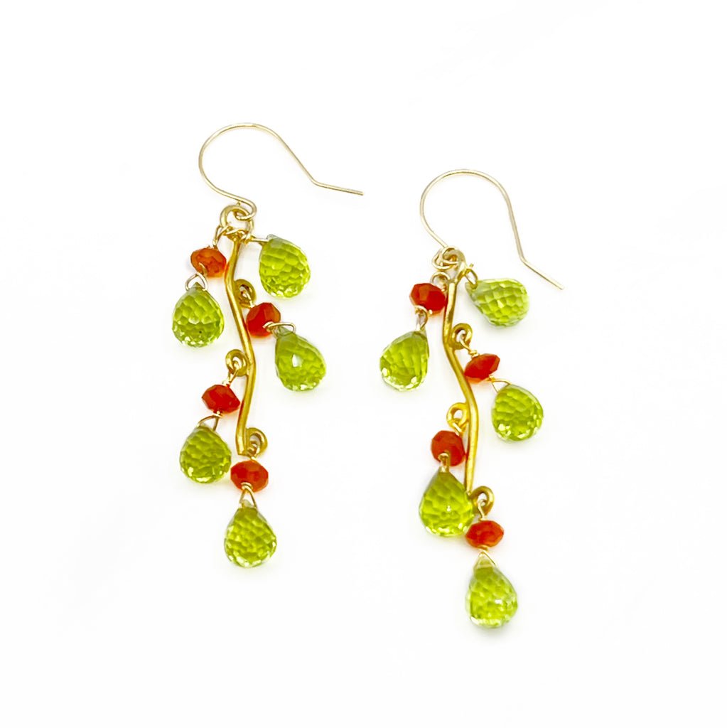 Beaded Branches of Peridot and Carnelian Drop Earrings