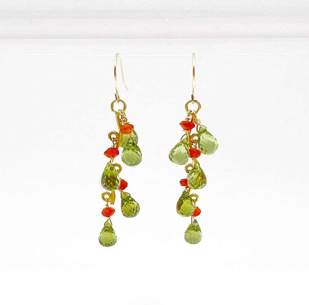 Beaded Branches of Peridot and Carnelian Drop Earrings