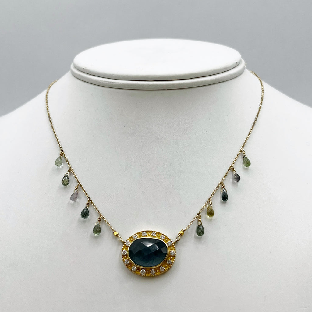 Golden Moss Aqua and Diamond Pendant Necklace