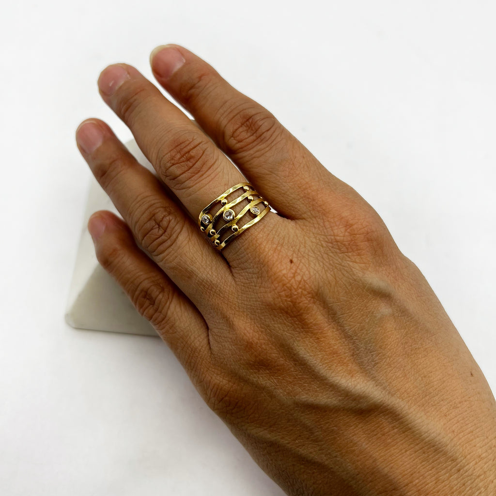 Gold Wave Design with Diamonds Ring