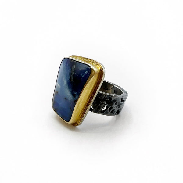 18 Karat Yellow Gold Opal with Textured Oxidized Sterling Silver Band