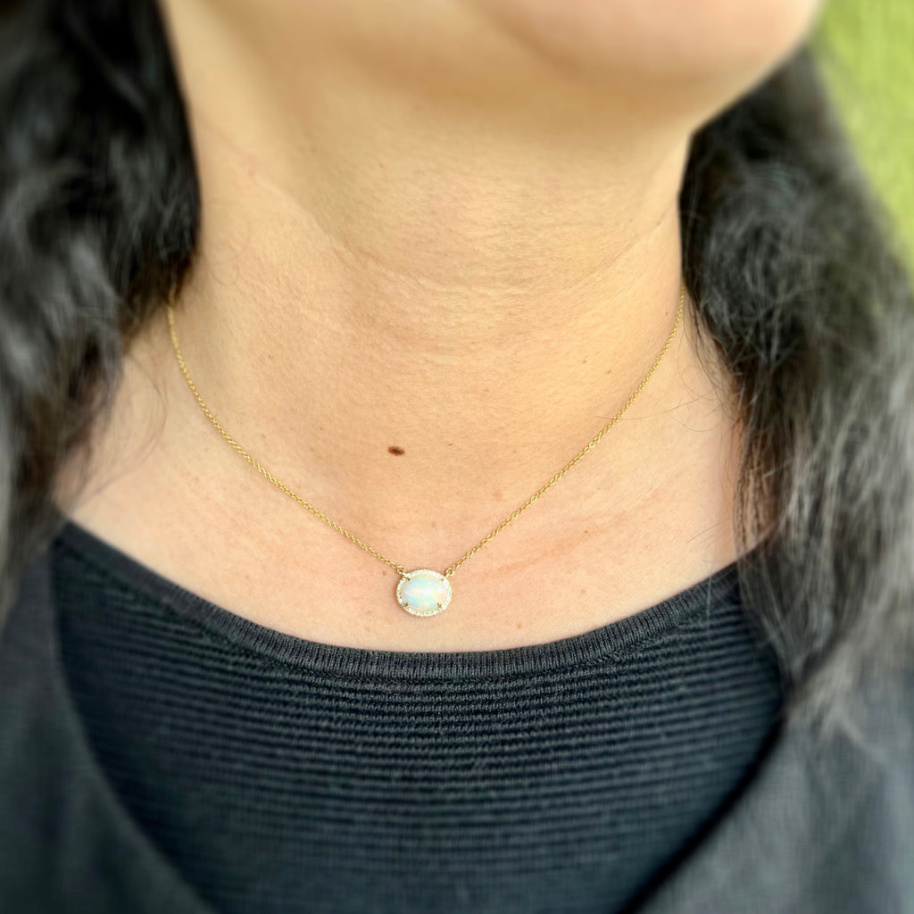 Oval Opal and Diamond Halo Necklace