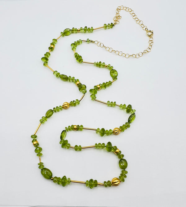 Peridot and Golden Beads Long Necklace