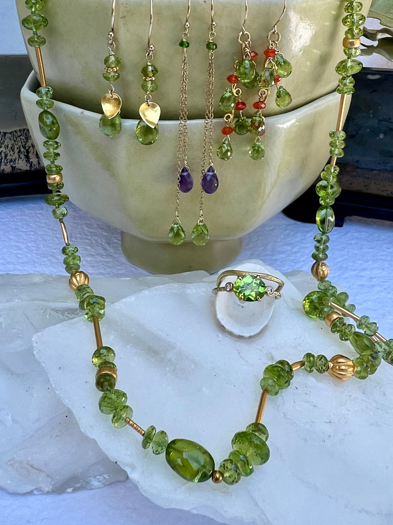 Peridot and Golden Beads Long Necklace