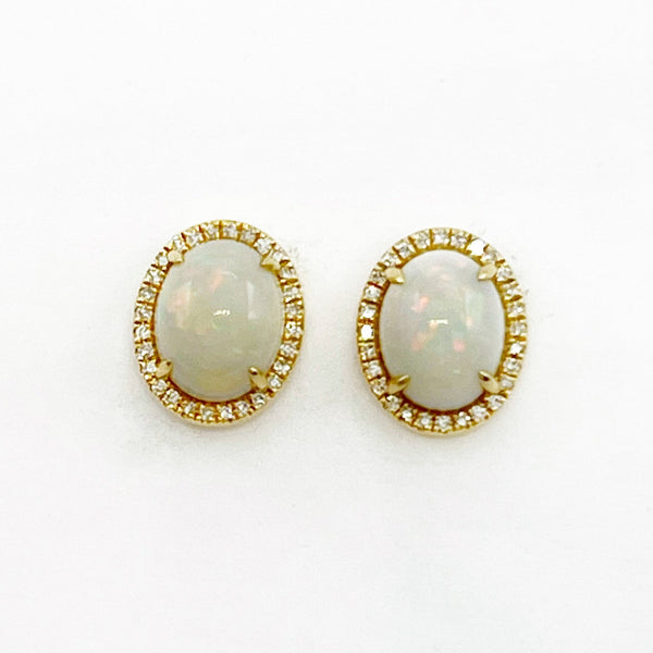 Opal Studs With Diamond Halo in 14 Karat Gold