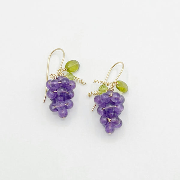 Amethyst Peridot Grape Cluster Yellow Gold Earrings