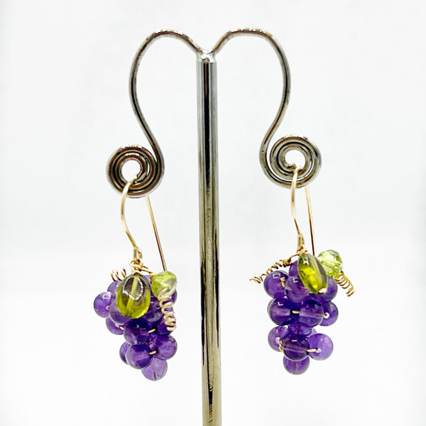 Amethyst Peridot Grape Cluster Yellow Gold Earrings