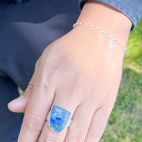 Sterling Silver Ring with one Oblong Australian Opal